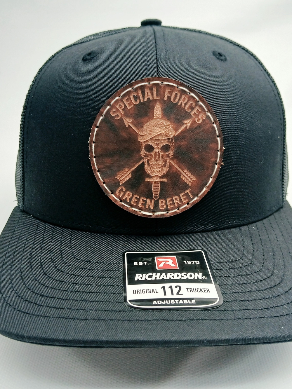 Richardson Black Trucker Hat with Brown 'Special Forces Green Beret' Patch